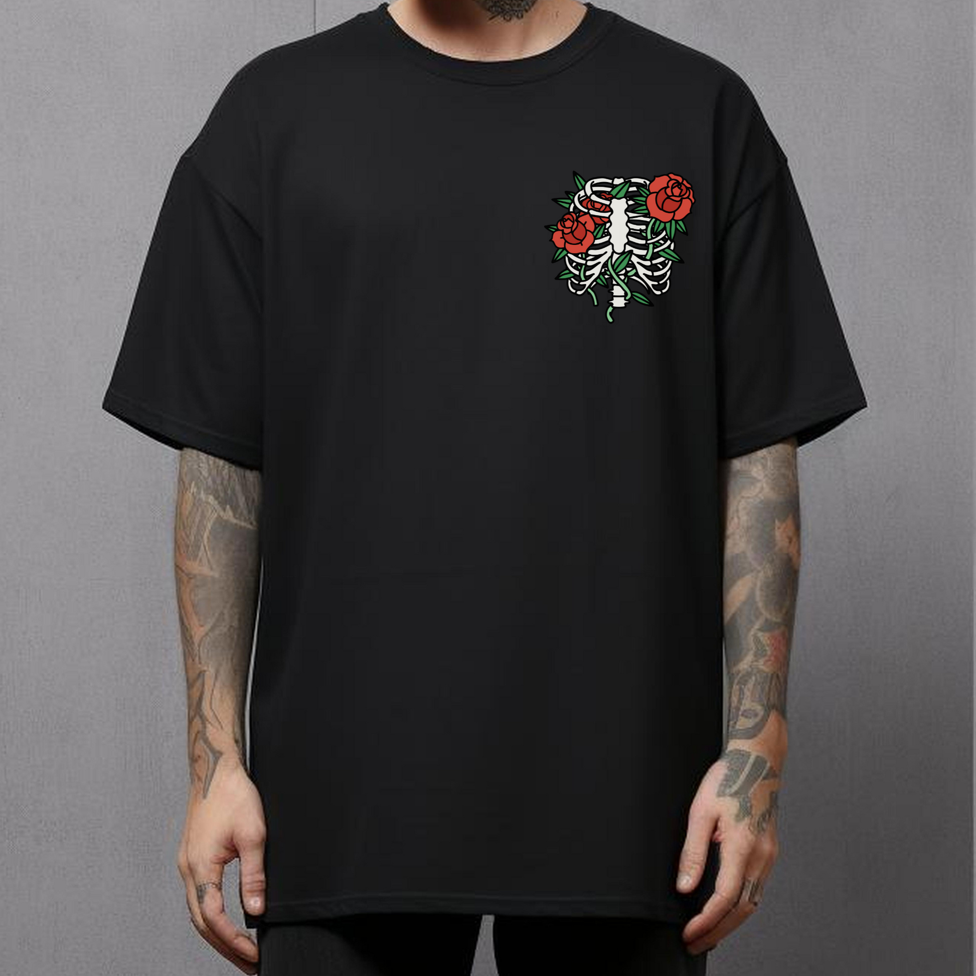 mens christian graphic tshirt front side black crew neck short sleeve with a traditional tattoo style image on the front of a ribcage and roses