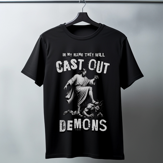 black short sleeve crewneck christian graphic tee that says in my name they will cast out demons spiritual warfare shirt