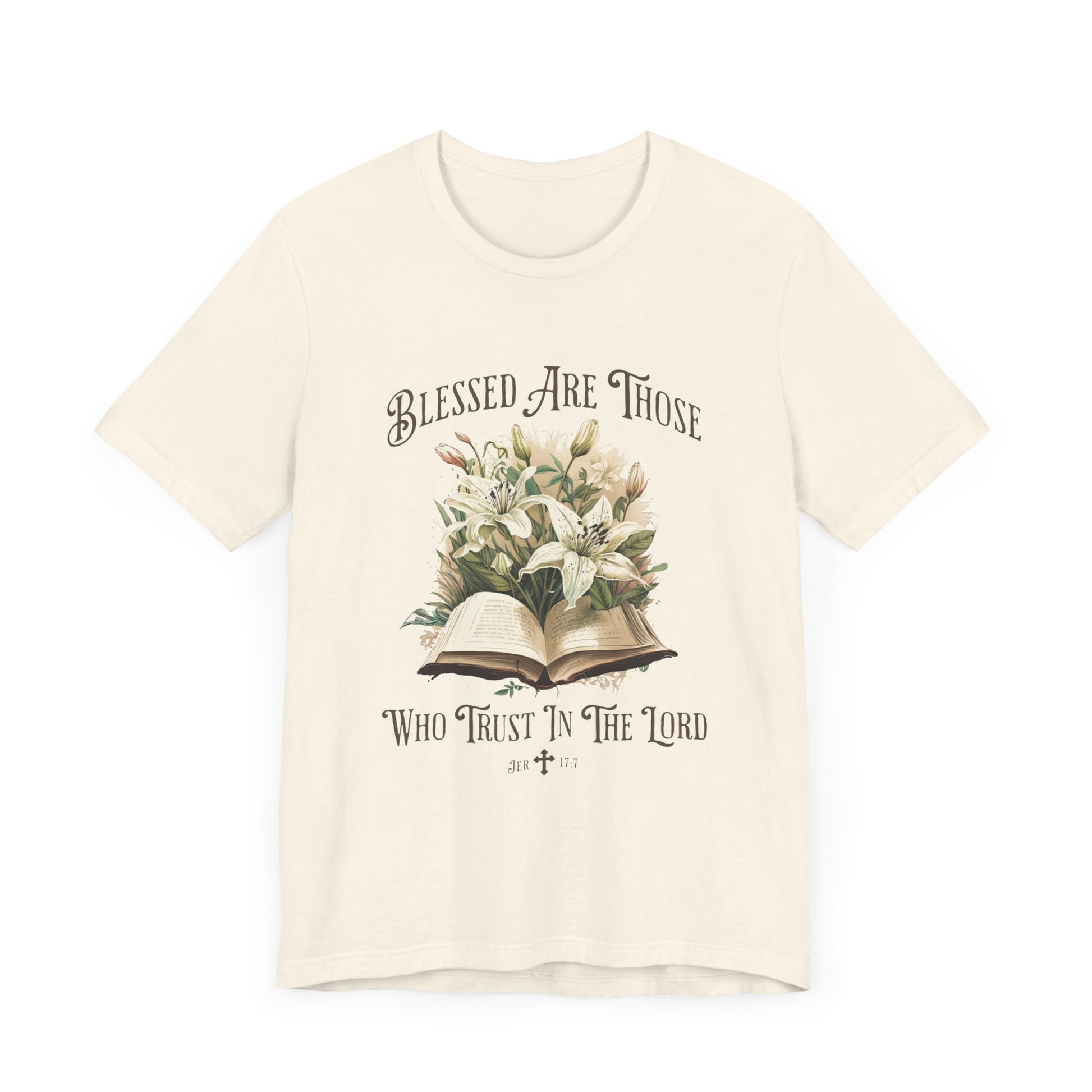 womens floral christian t shirt with a bible verse blessed are those who trust in the lord