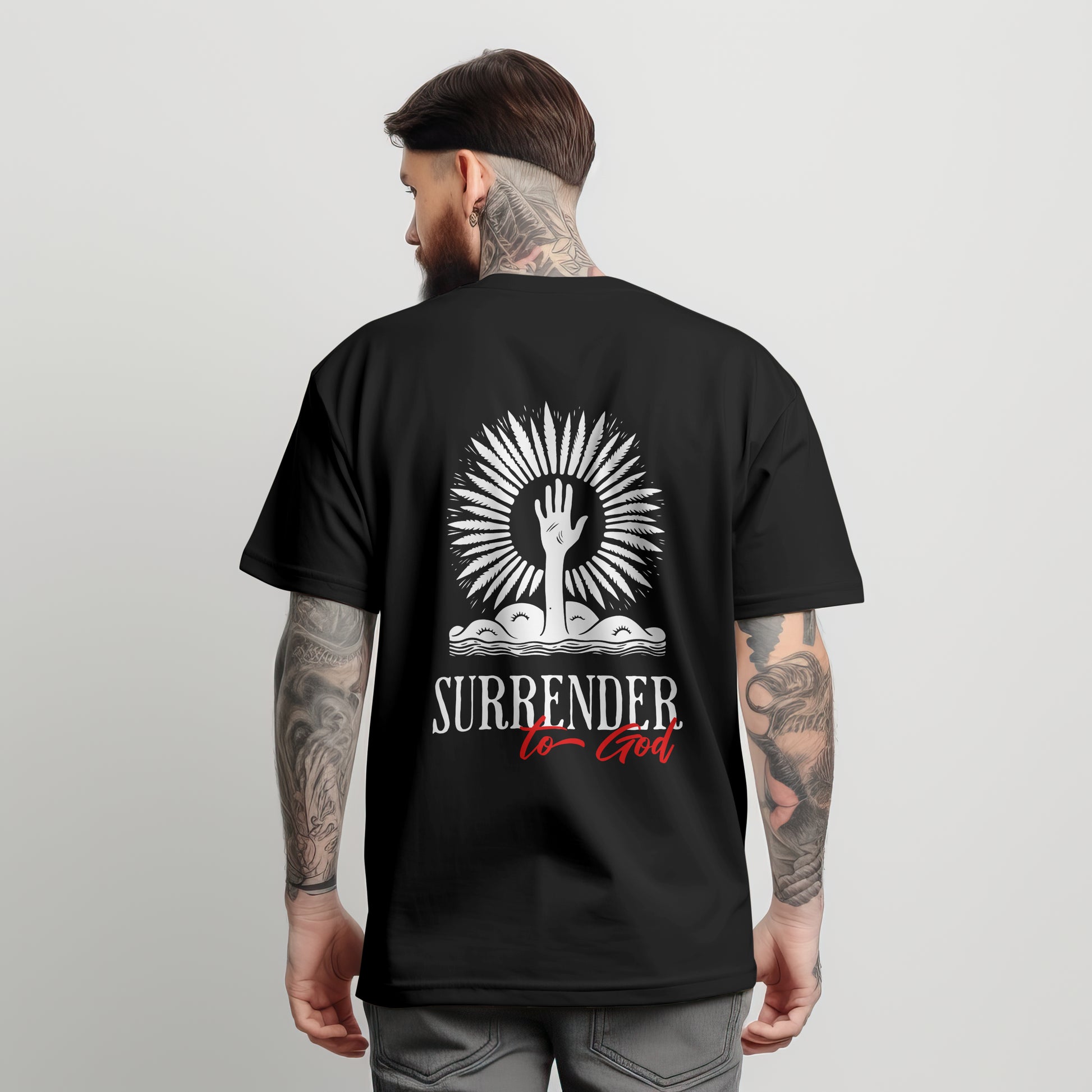 back of a black crewneck short sleeve Mens Christian Graphic Tee tht says Surrender To God