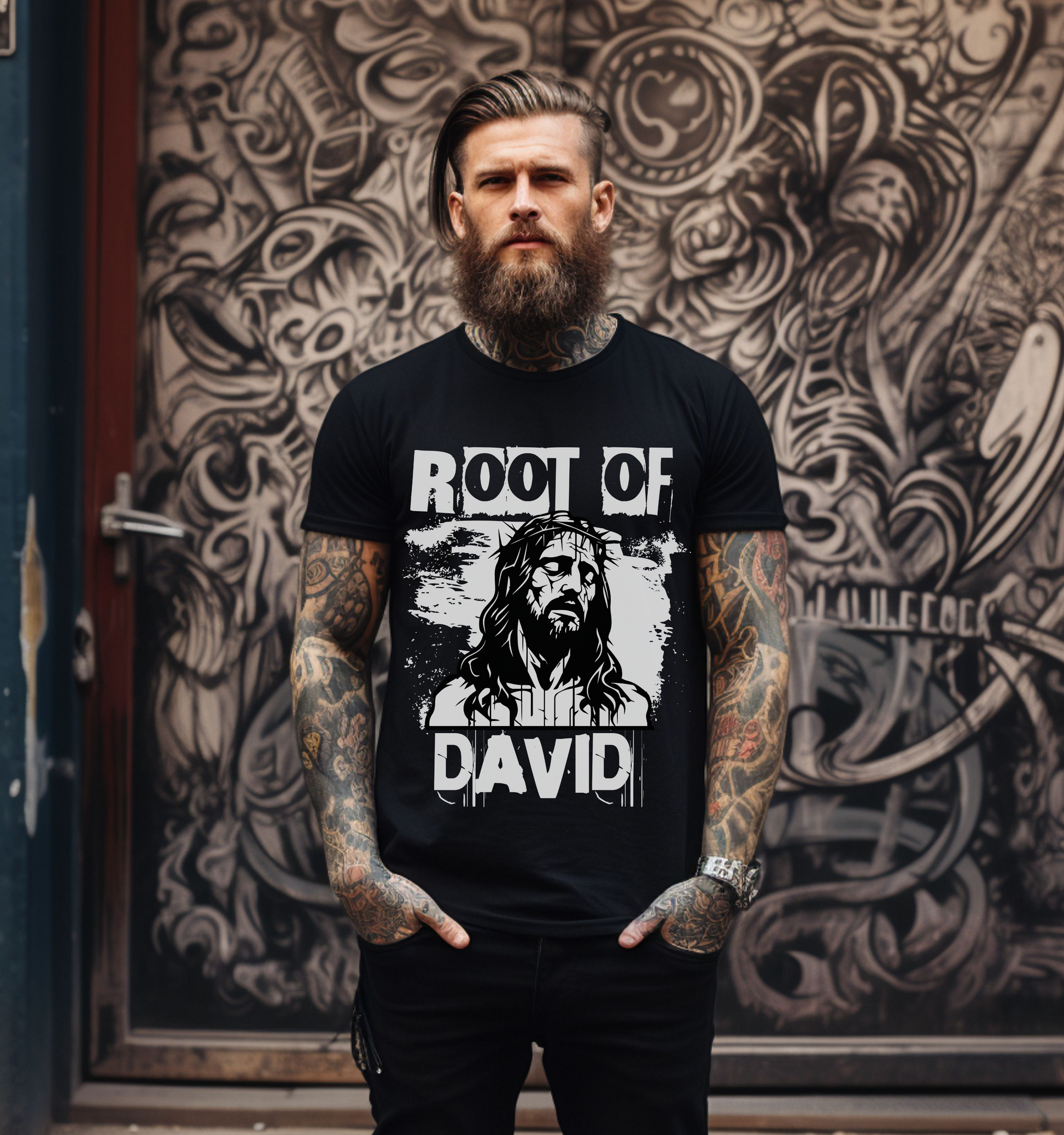 man wearing a crewneck short sleeve christian graphic tee that says root of david 