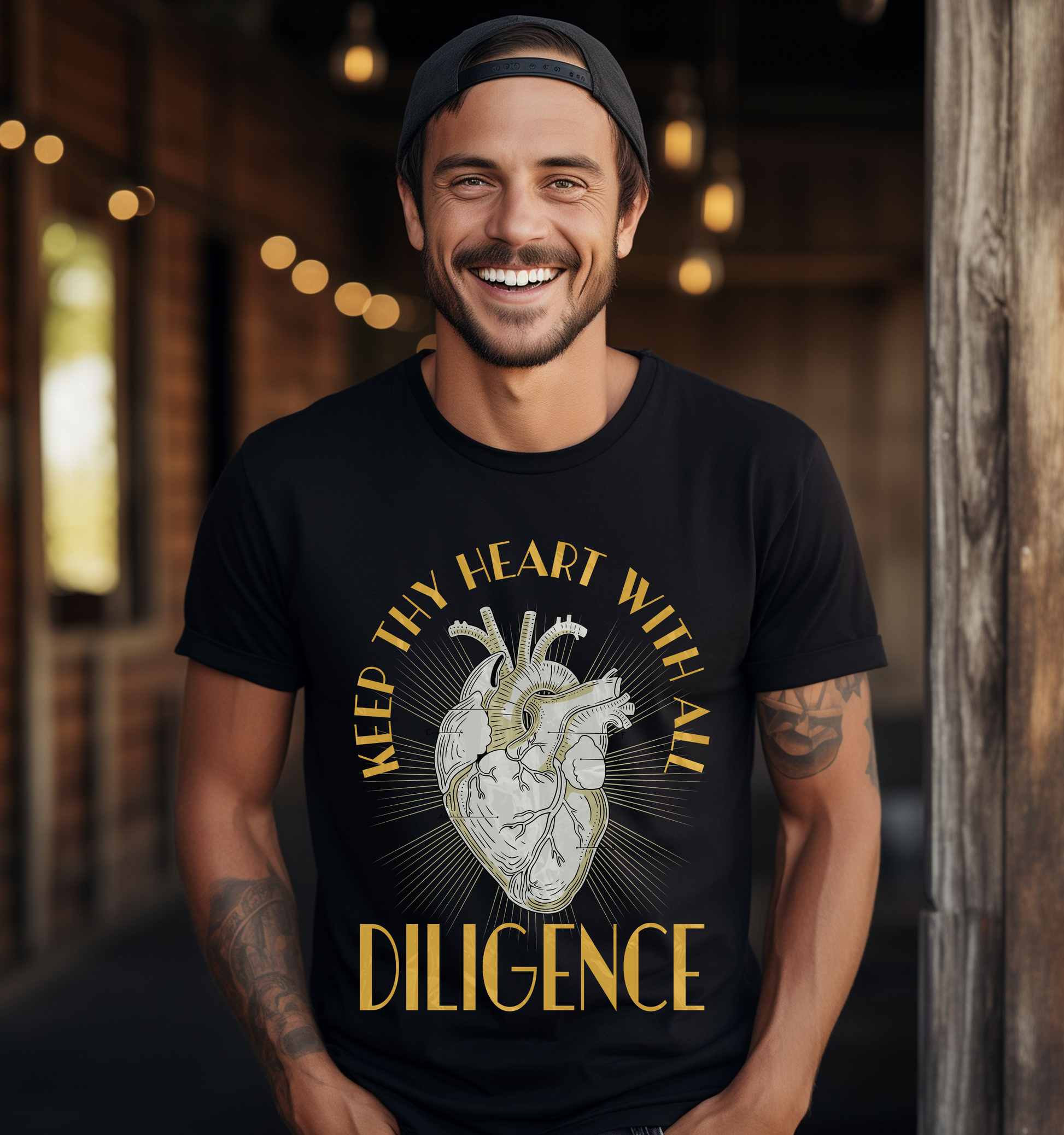 man wearing a black crewneck christian t shirt that says keep thy heart with all diligence bible verse shirt