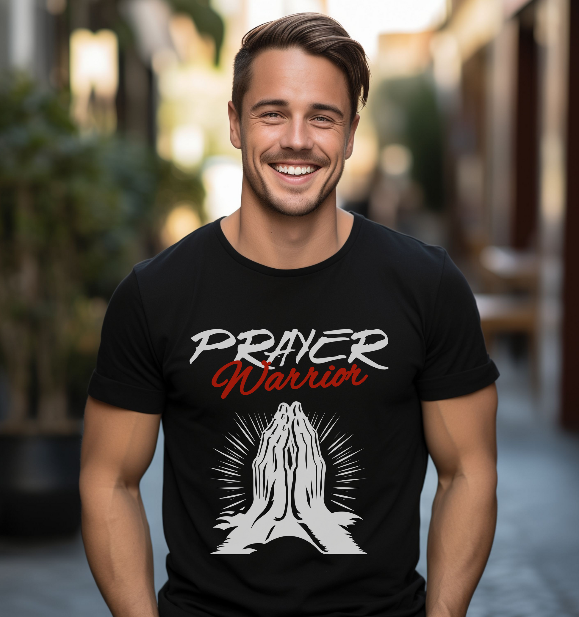 man wearing a black crew neck short sleeve christian graphic tee that says prayer warrior