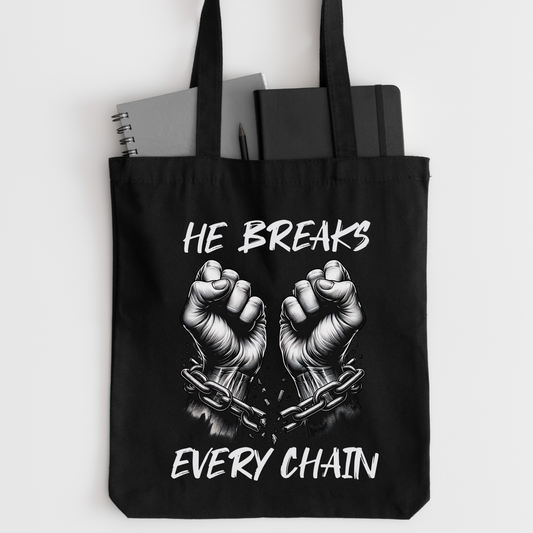 black bible tote bag, he breaks every chain