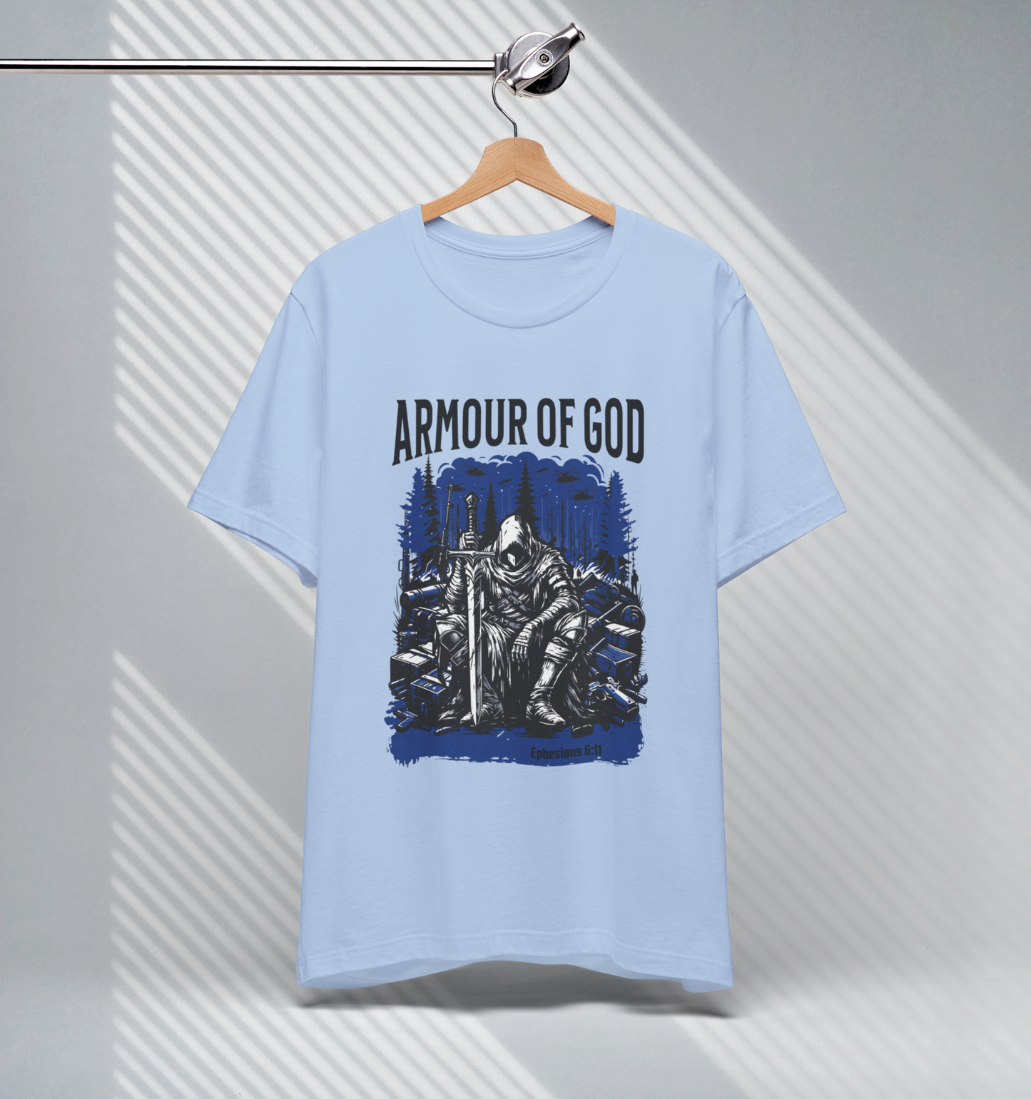 baby blue crew neck short sleeve christian graphic tee that says armour of god with an image of a warrior in battle