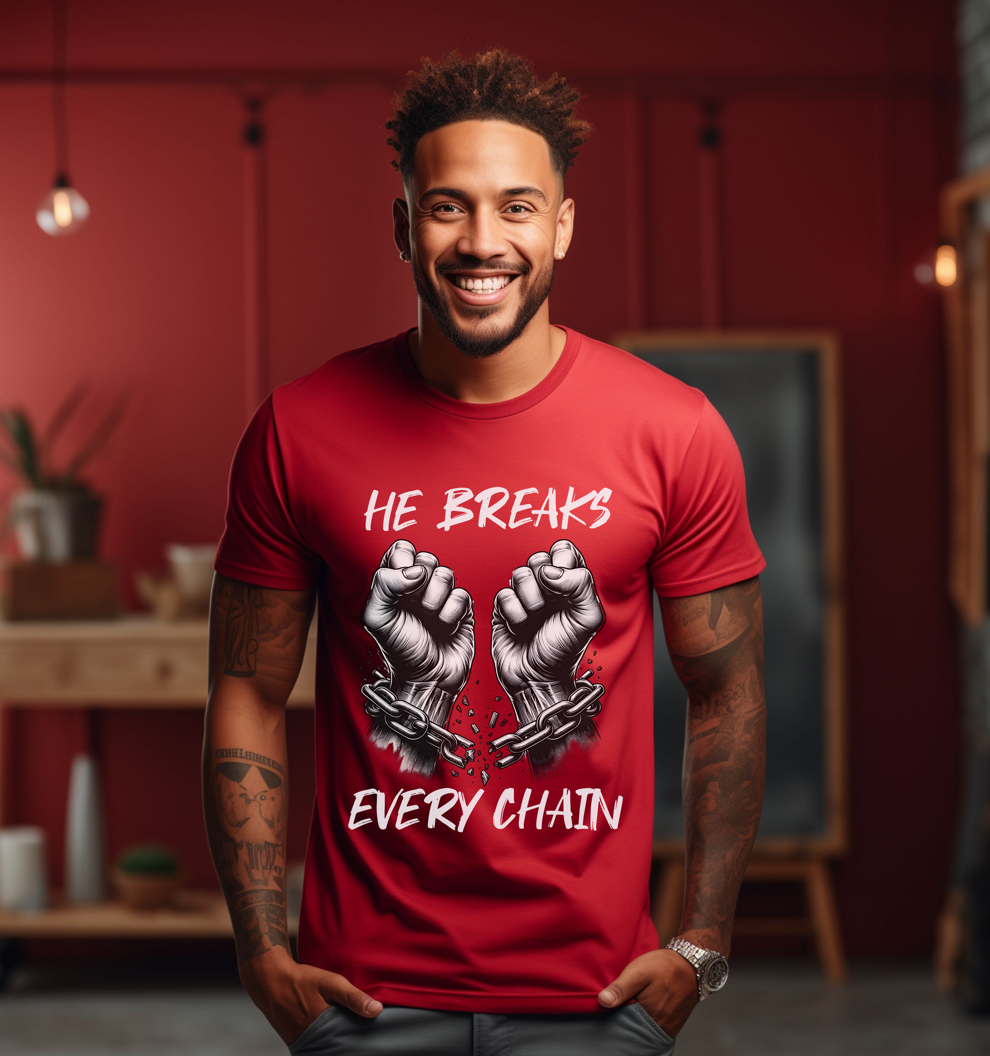 Image of a man wearing Christian apparel featuring a red short sleeve crew neck graphic tee. The tee depicts the phrase He breaks every chain alongside an image of hands breaking free from chains