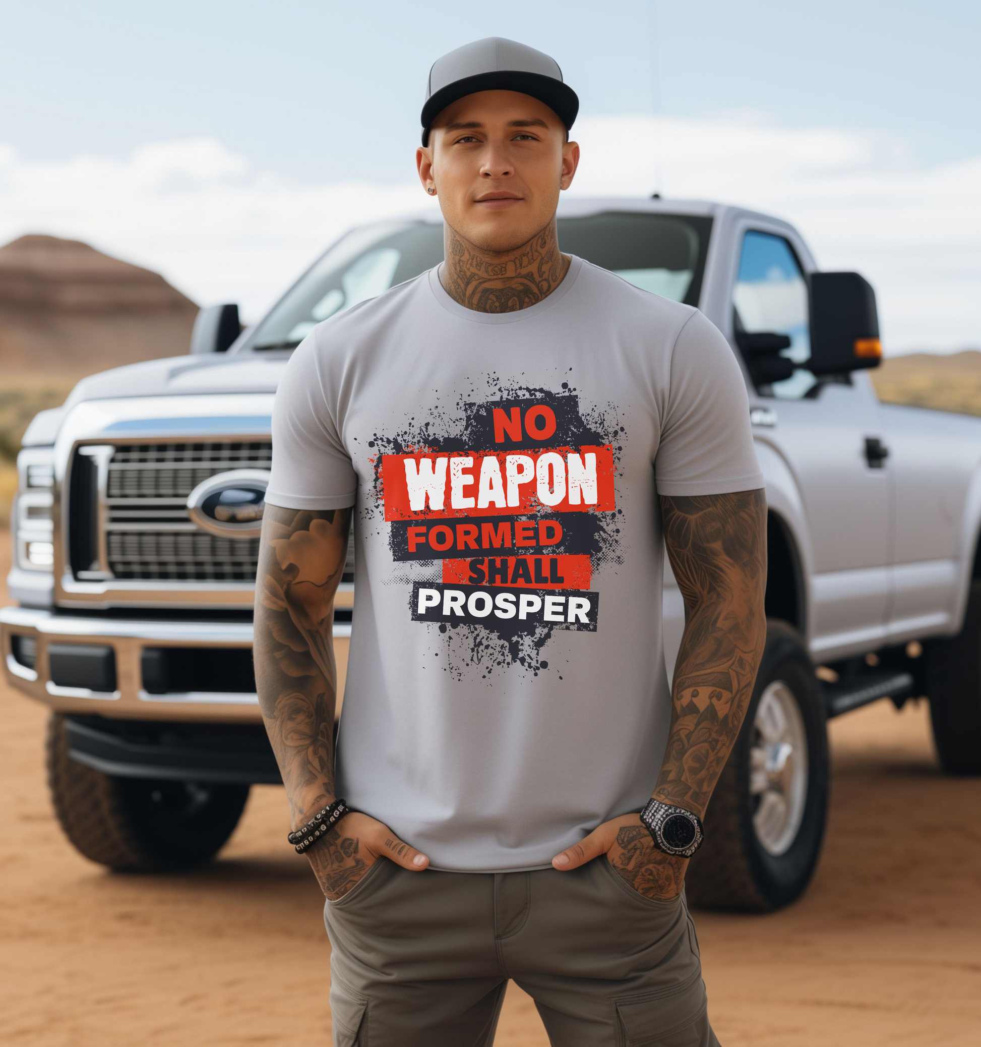 man wearing silver Isaiah 54:7 christian graphic t-shirt that says no weapon formed shall prosper