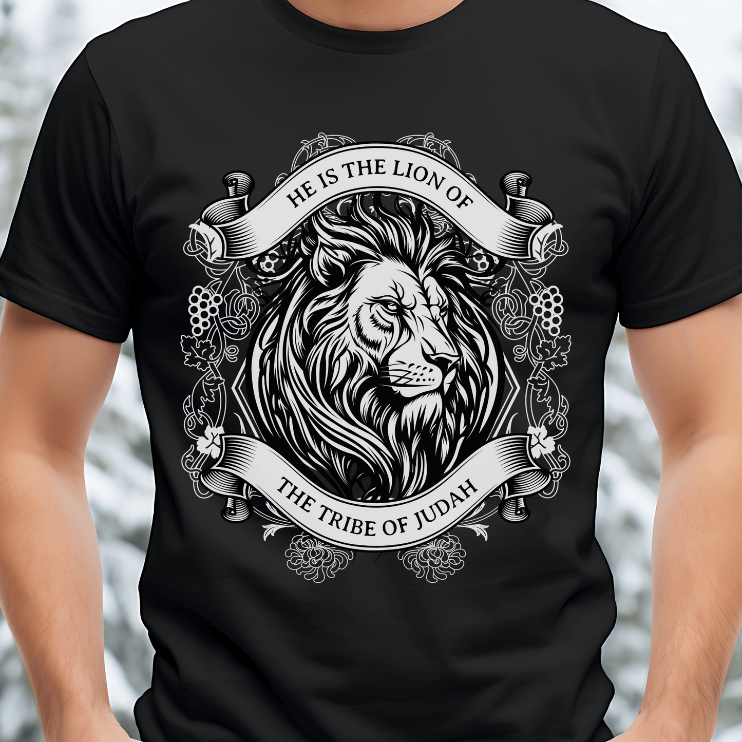 man wearing a men's christian graphic tshirt that has the lion of judah on it 