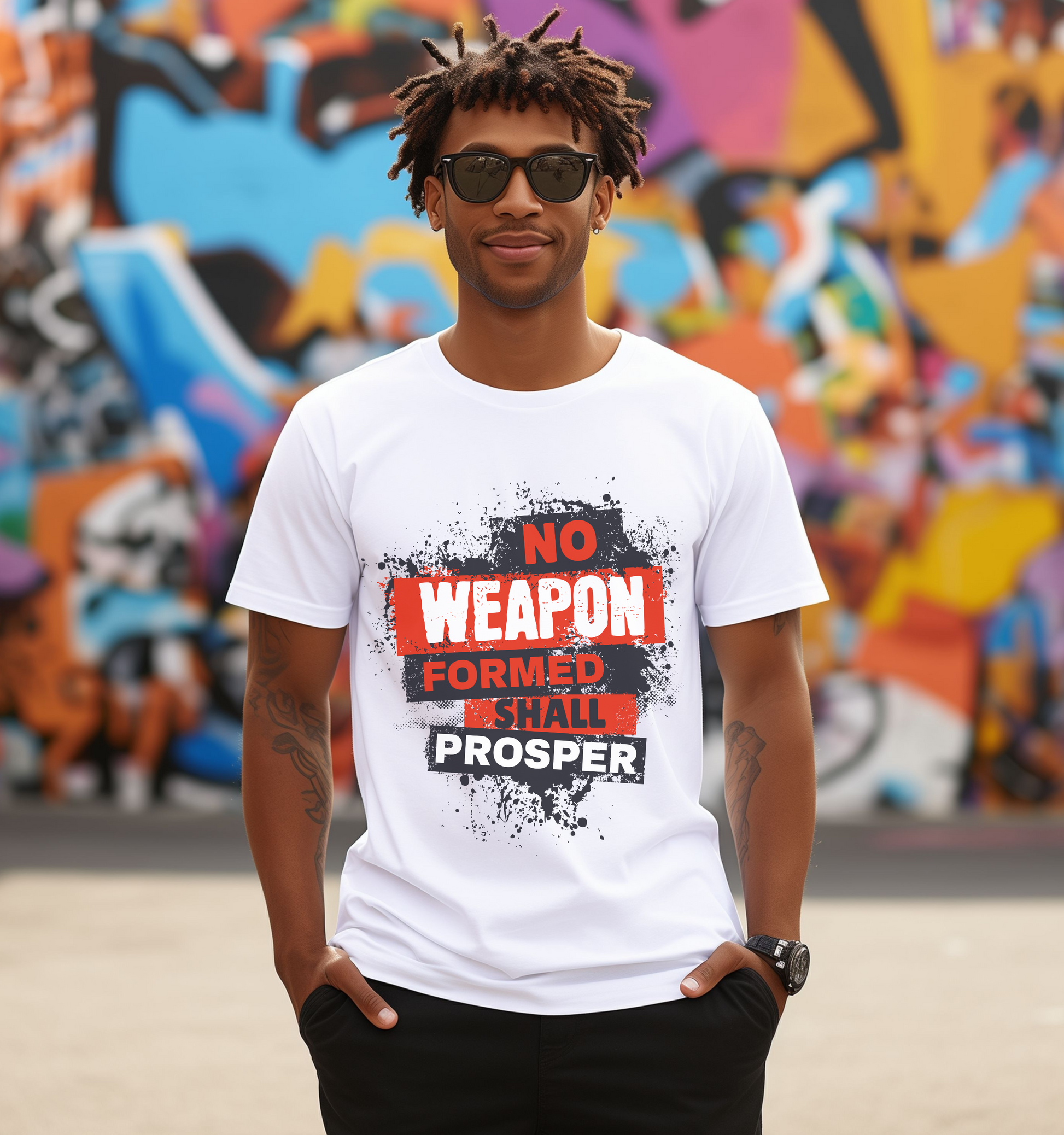 man wearing a white Urban Street Style Graffiti Christian Streetwear Graphic T-Shirt that says no weapon formed shall prosper 