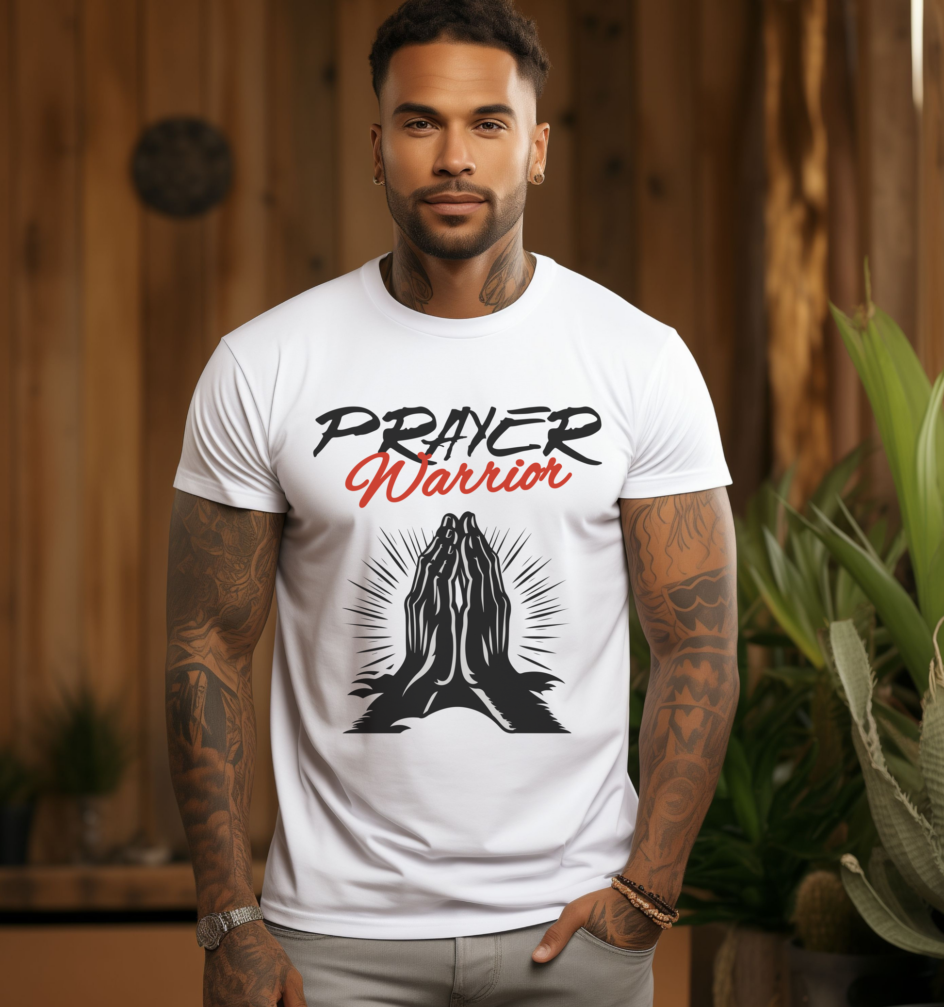 man in christian apparel wearing a white short sleeve crew neck christian graphic tee that says prayer warrior