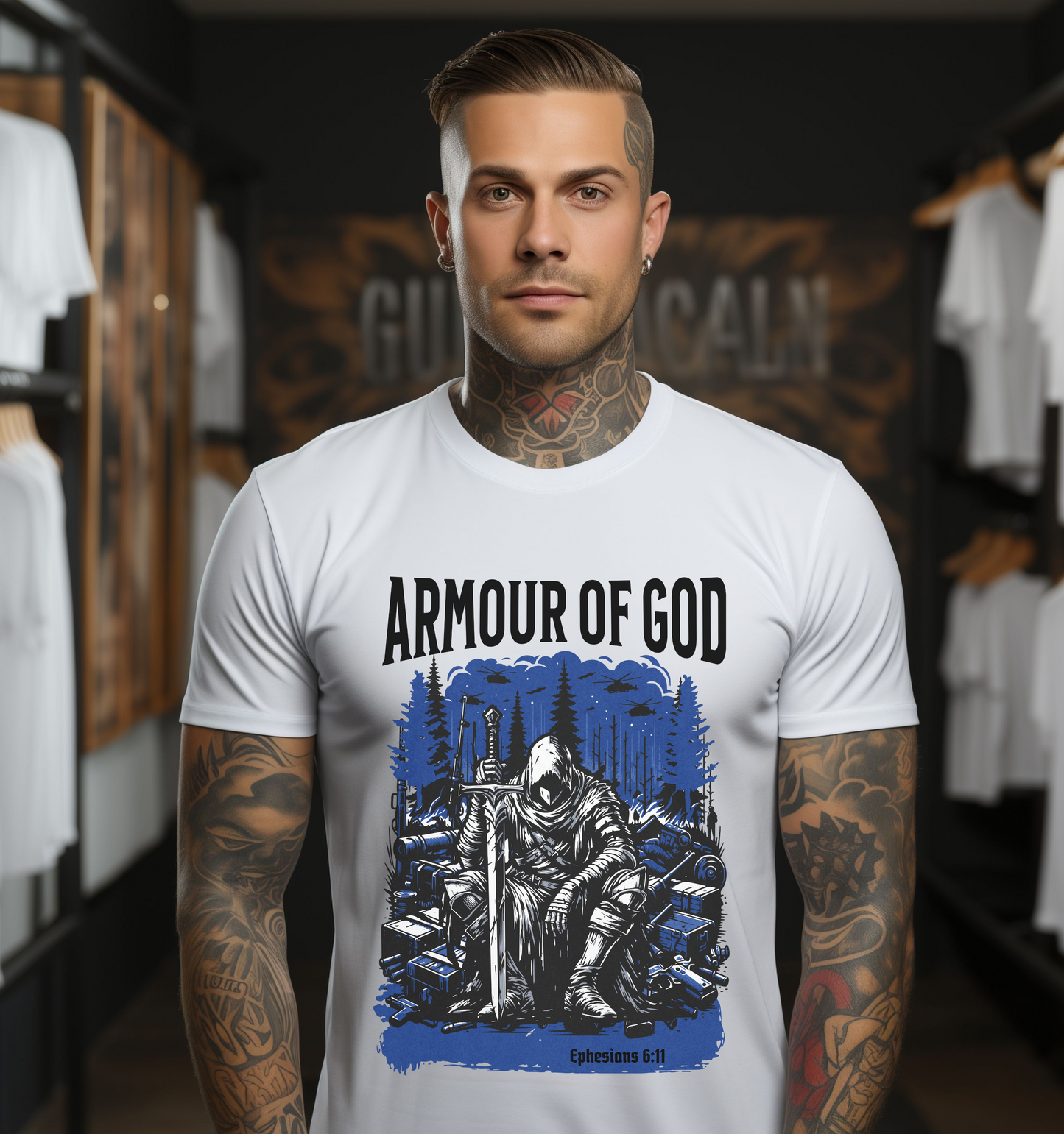 christian tshirt mens crewneck short sleeve graphic tee that says armour of god with imagery of a warrior on the front